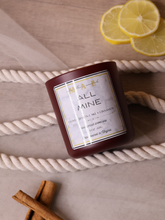 Load image into Gallery viewer, cinnamon and lemon, coconut apricot wax luxury candle. Made with a sustainably-sourced wooden wick,  no harmful toxins or chemicals, not tested on animals.
